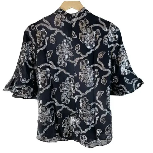 NWT Rebecca Taylor Women's Flutter Sleeve Silk Blend Metallic Top Black Size 0